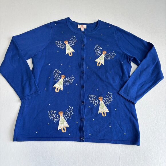Quacker Factory Novelty Angel Christmas Cardigan Sweater Women's M Blue Fairy - Picture 1 of 9